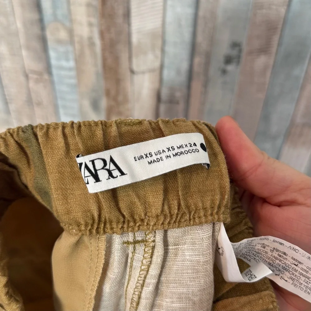Zara XS Ombre Dip Tie Dye Linen Blend Pull On Trousers Pants Mustard Yellow Grey